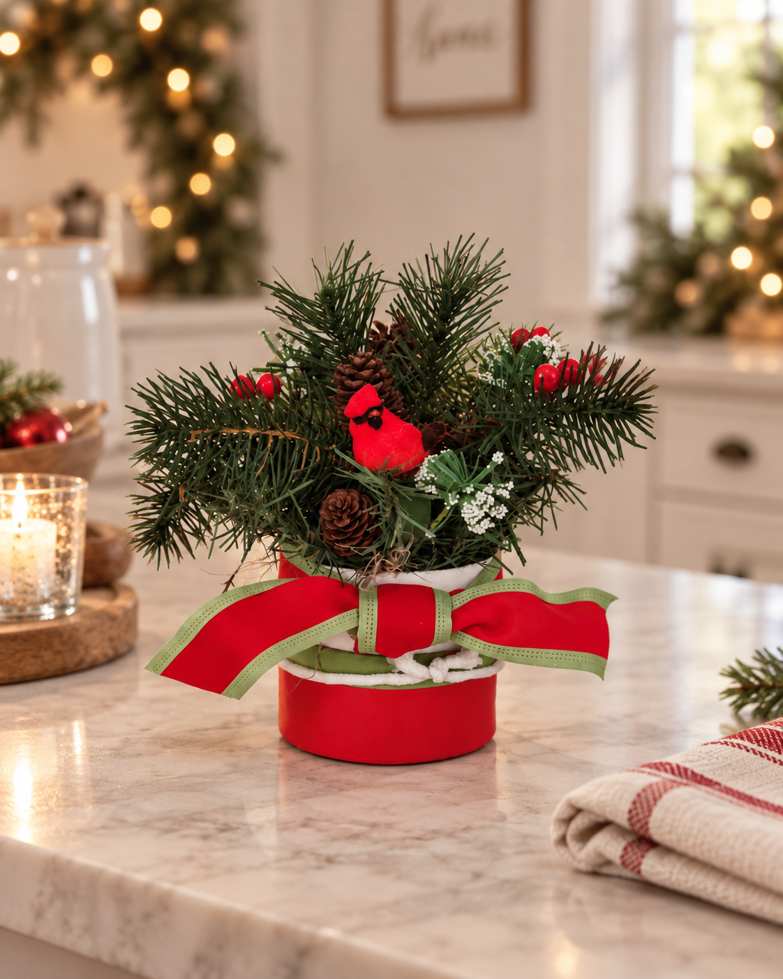 Small Cardinal Centerpiece with Bow
