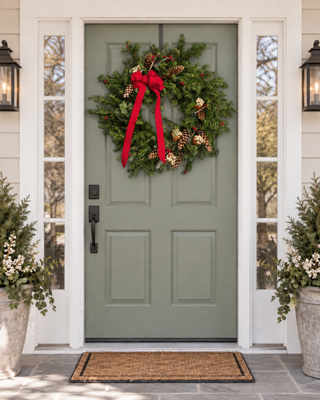 A green front door decorated with a festive Christmas wreath featuring a large red ribbon bow, pinecones, and evergreen branches, flanked by potted plants and black lanterns on a stone porch.
