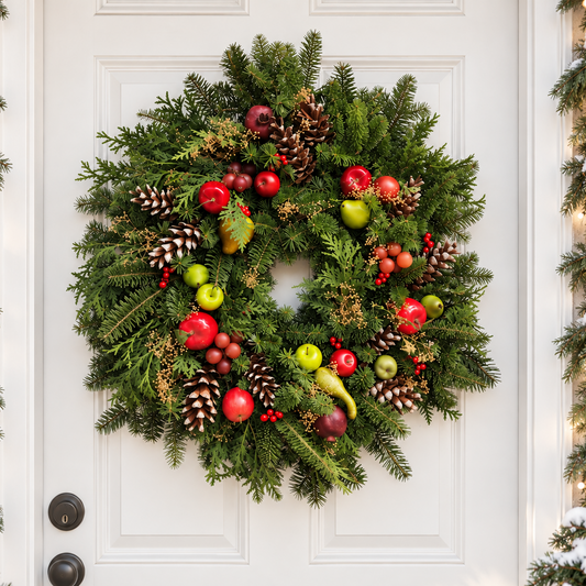 A festive Christmas wreath made of green pine branches, decorated with red and green ornaments, pinecones, and small fruit, hanging on a white paneled front door.