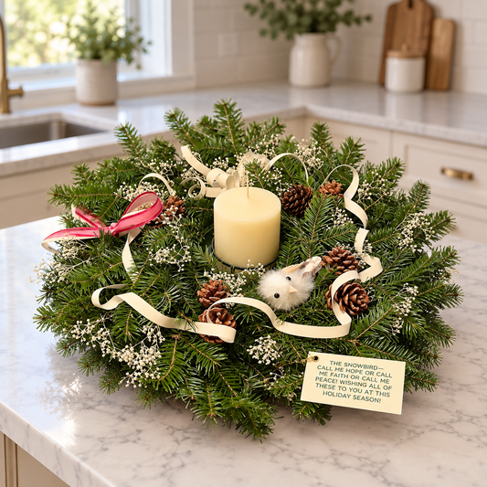Snowbird of Hope and Peace Balsam Centerpiece