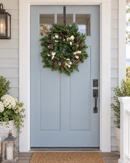 A green pine wreath with white berries, pinecones, and small red accents hangs on a light blue front door. The door is set in a white frame with a beige porch mat below, flanked by potted plants and lanterns.