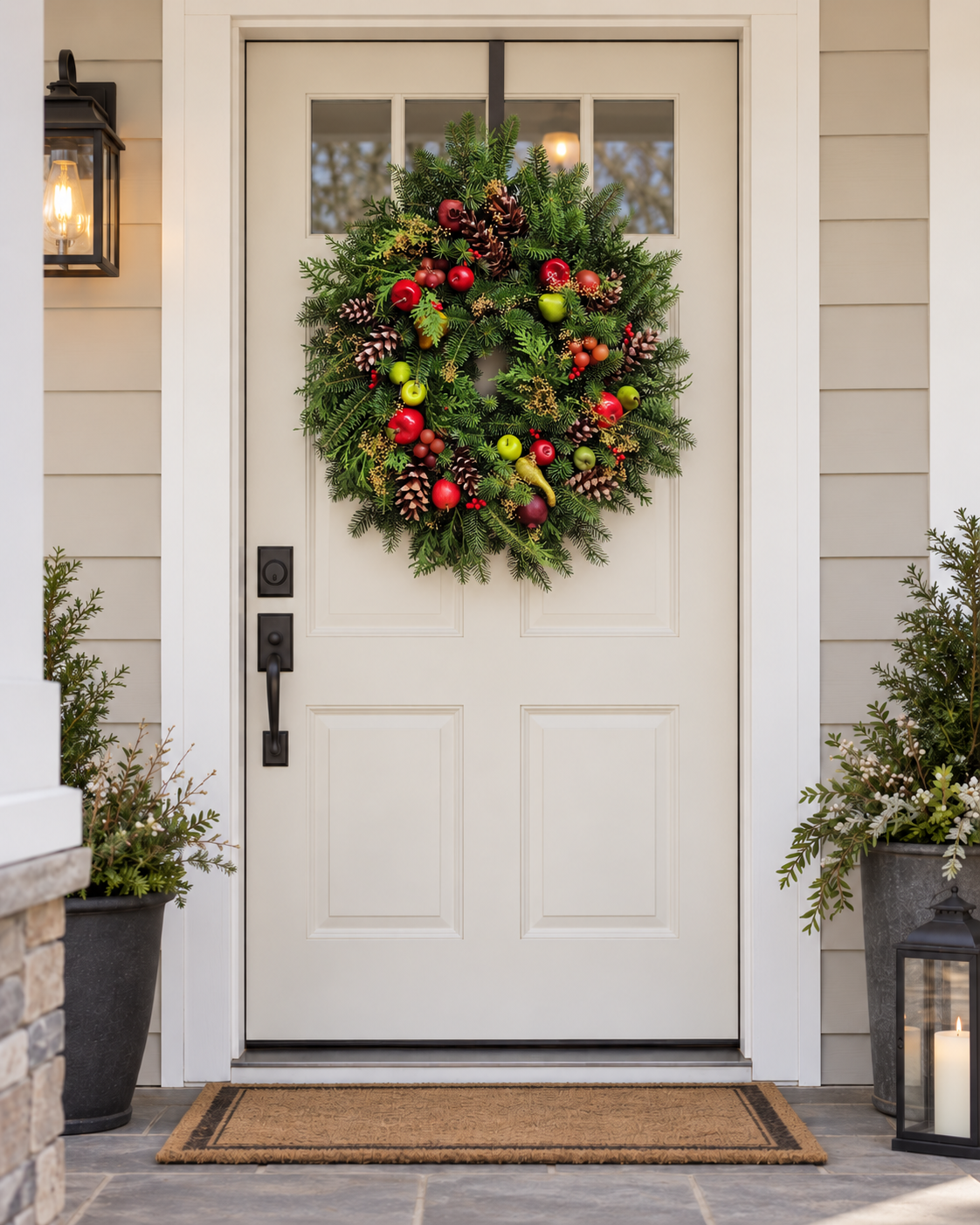 A festive evergreen wreath decorated with red and green ornaments, pinecones, and small apples hanging on a white front door. The door is set in a house with beige siding, flanked by potted plants and lanterns, with a woven doormat in front.