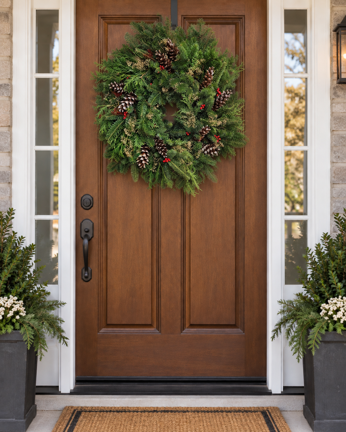 A green pine wreath with pinecones and small red berries hangs on a brown wooden front door, flanked by white-framed glass side windows, stone walls, potted greenery, and a woven doormat.