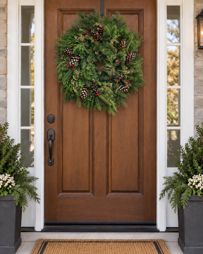 A green pine wreath with pinecones and small red berries hangs on a brown wooden front door, flanked by white-framed glass side windows, stone walls, potted greenery, and a woven doormat.