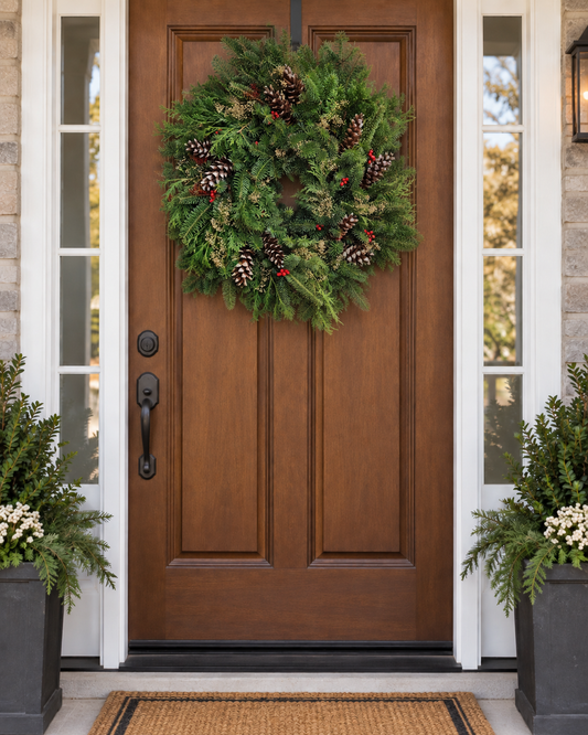 A green pine wreath with pinecones and small red berries hangs on a brown wooden front door, flanked by white-framed glass side windows, stone walls, potted greenery, and a woven doormat.