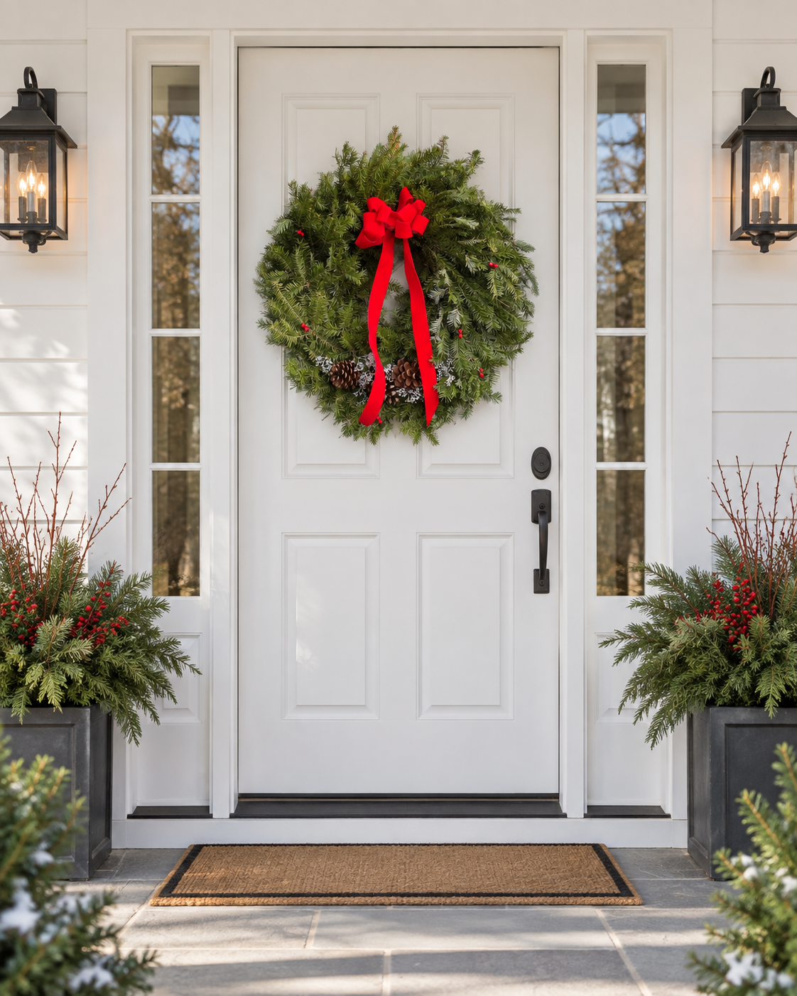 A festive green Christmas wreath with a large red bow and small red berries hangs on a white front door, flanked by black lantern wall lights, planters with evergreen garlands and red berries, and a tan doormat.