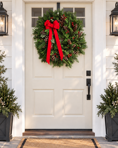 A festive green Christmas wreath with pinecones and a large red bow hanging on a white front door, flanked by black lanterns and potted plants.